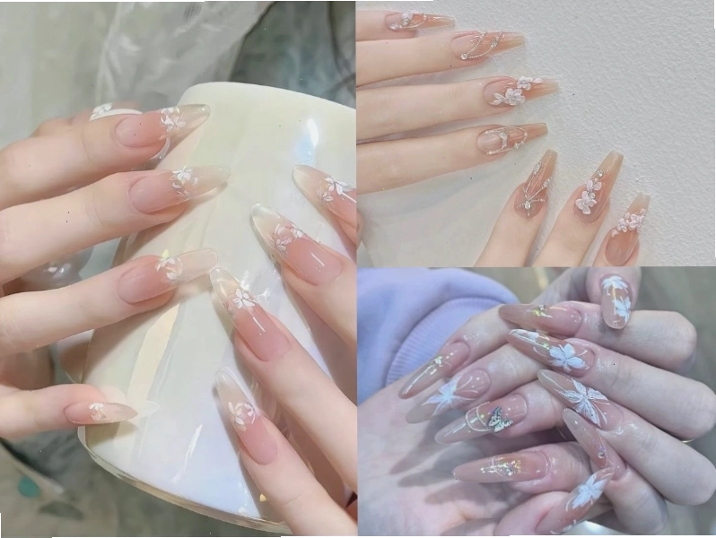 Nail cô dâu vẽ hoa nhỏ tinh tế và lãng mạn