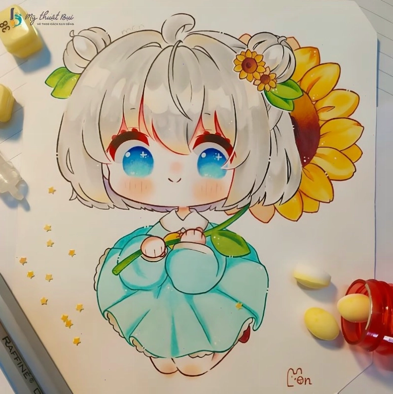 Nhân vật chibi nữ dễ thương đang cầm một cành hoa