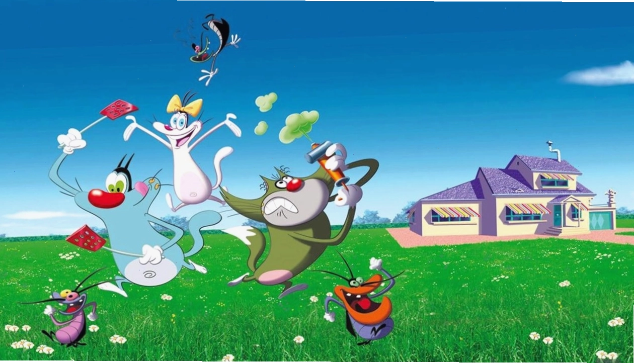 Oggy đang tức giận đối mặt với ba chú gián tinh nghịch