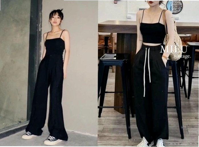 Phối áo hai dây đen cùng quần ống suông đen tạo vẻ ngoài quyến rũ