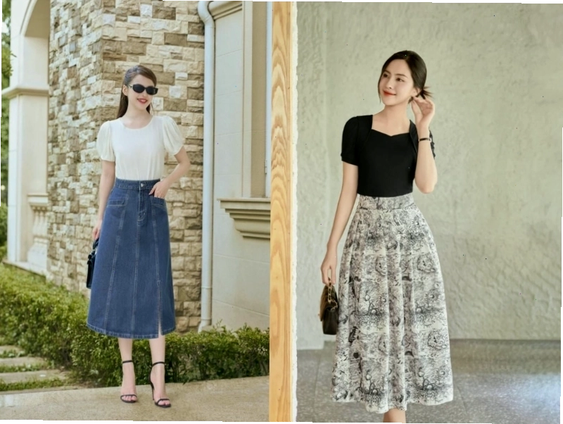 Phối áo kiểu với chân váy chữ A cạp cao cho nữ lùn đi đám cưới