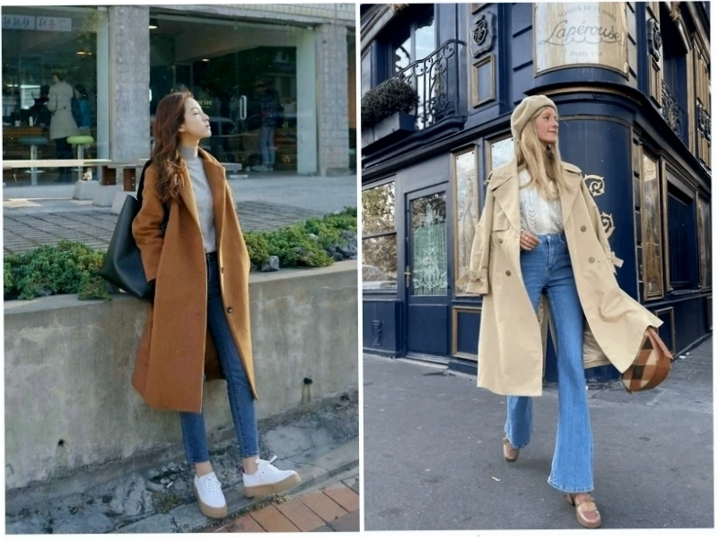 Phối áo măng tô nữ ngắn với quần ống rộng và áo crop top