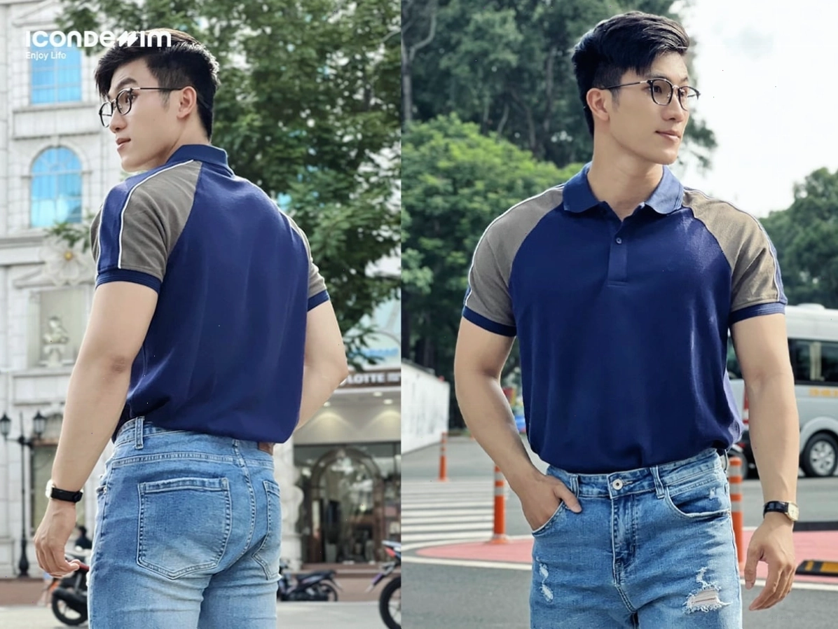 Phối áo polo nam với quần jeans xanh tạo vẻ ngoài năng động