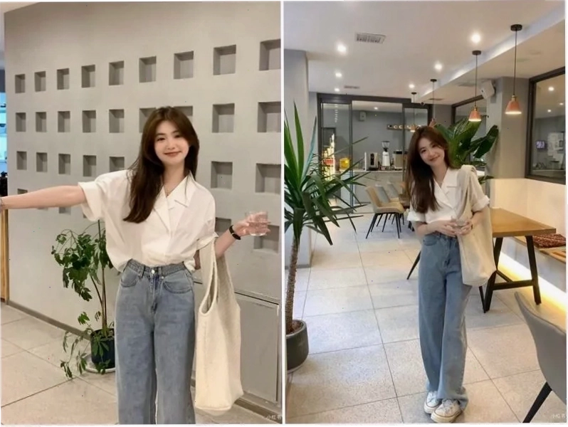 Phối áo sơ mi tay ngắn nữ với quần jeans dáng ôm tạo vẻ ngoài năng động