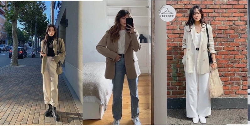 Phối đồ đi Đà Lạt cho nữ lùn với áo thun, quần ống đứng và blazer ngắn
