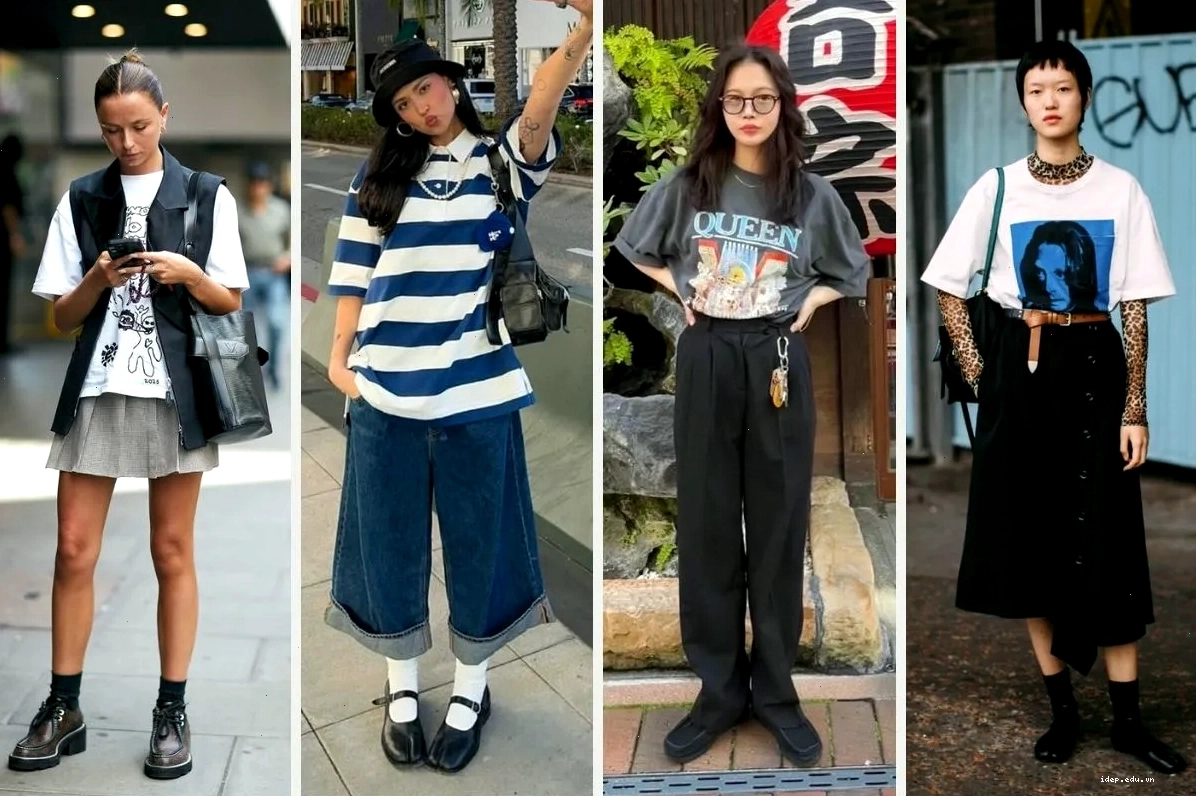 Phối đồ đi học nữ style street với áo thun và quần jeans năng động