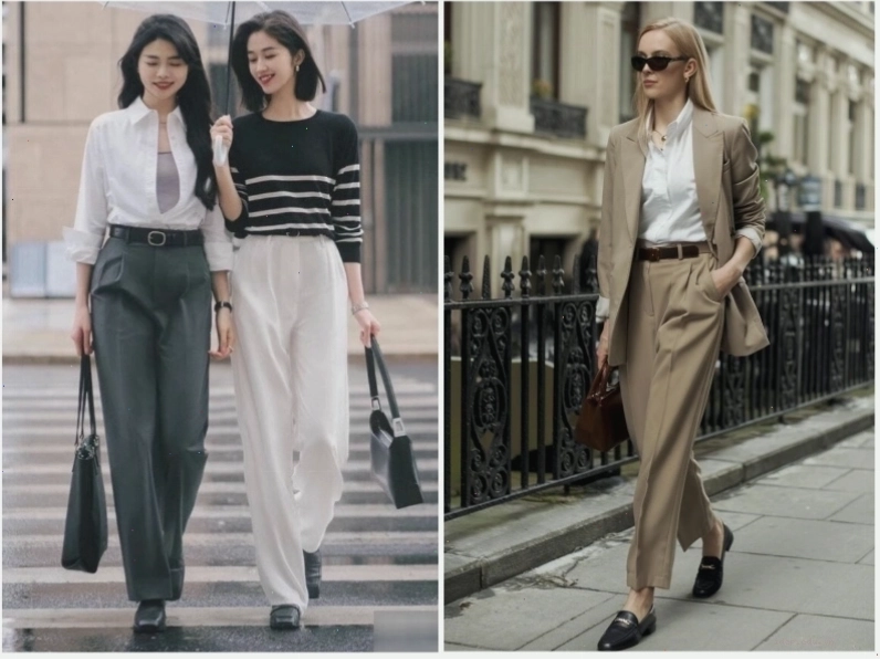 Phối đồ giày loafer nữ cùng chân váy midi và áo kiểu