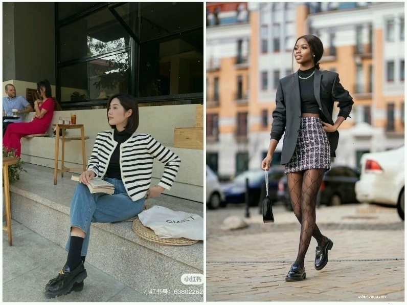 Phối đồ giày loafer nữ cùng đầm suông và áo len cardigan