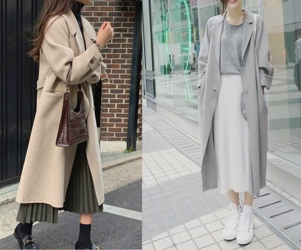 Phối đồ với áo măng tô nữ dài cùng chân váy xòe nữ tính