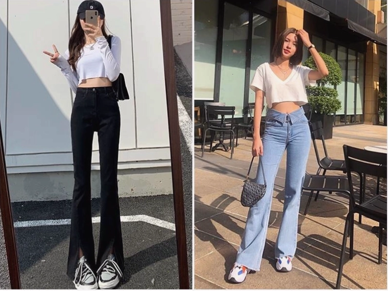 Phối quần ống loe với áo croptop tôn dáng