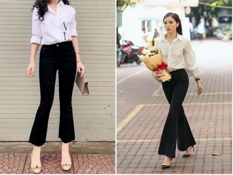 Phối quần ống loe với áo sơ mi thanh lịch cho nàng công sở