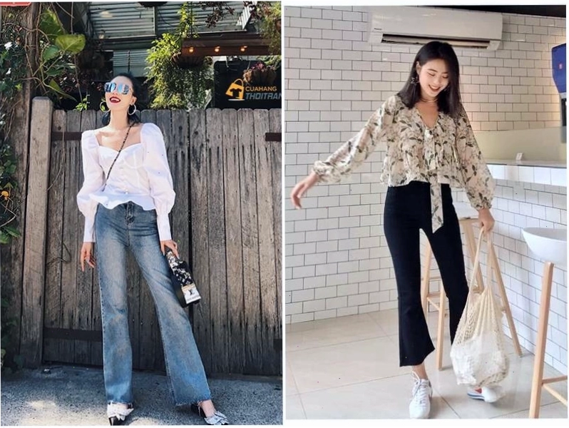 Phối quần ống loe với áo voan bồng bềnh
