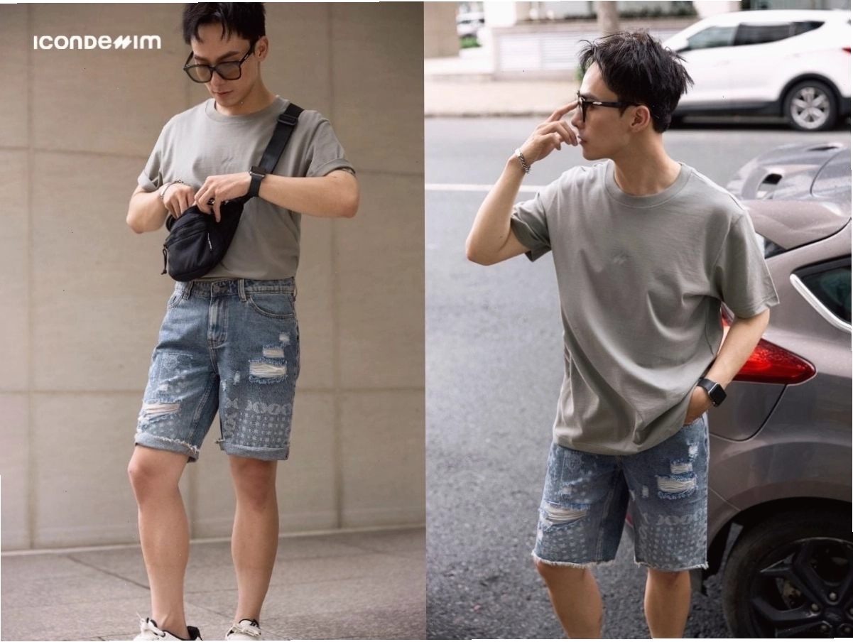 Phối quần short jean nam với áo thun trơn đơn giản