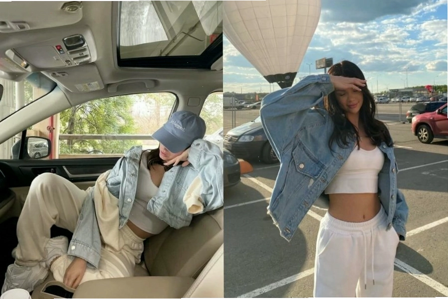 Phong cách thể thao với áo khoác jean và quần jogger