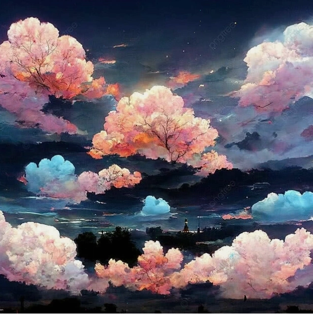 Phong cảnh anime buổi tối với mây và rừng cây