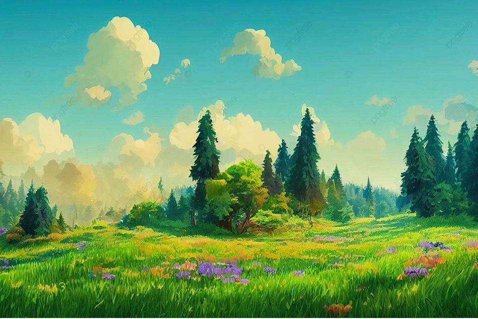 Phong cảnh thiên nhiên anime với đồng cỏ và rừng cây xanh mướt