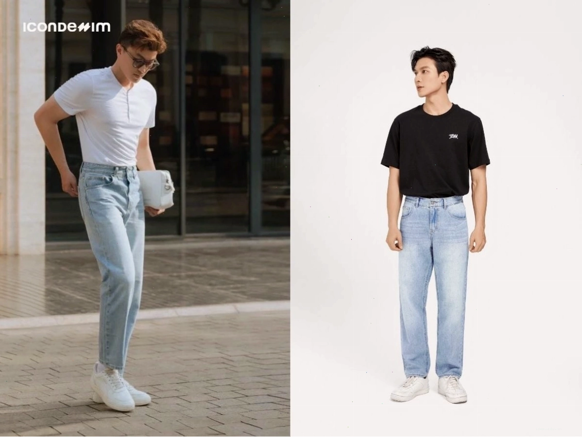 Quần Jeans ống rộng với áo thun trơn là outfit hoàn hảo để bạn dạo phố cùng bạn bè