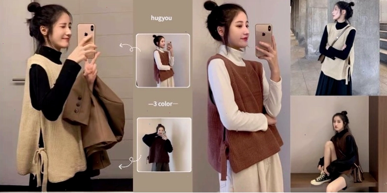 Set đồ áo gile len và chân váy midi màu sắc hài hòa