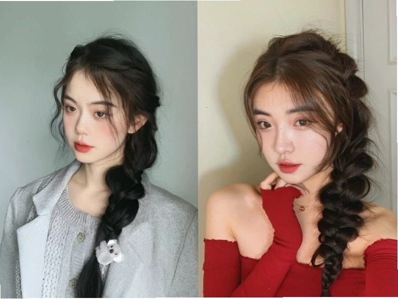 Thắt tóc 3 hoặc 4 sợi cùng hướng về một bên