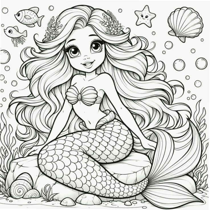 Mẫu vẽ chibi nàng tiên cá Ariel với mái tóc đỏ rực rỡ phong cách hoạt hình